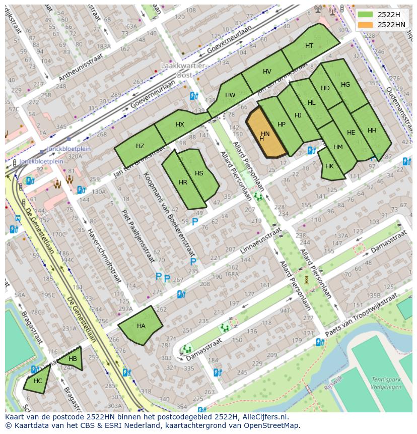 Afbeelding van het postcodegebied 2522 HN op de kaart.