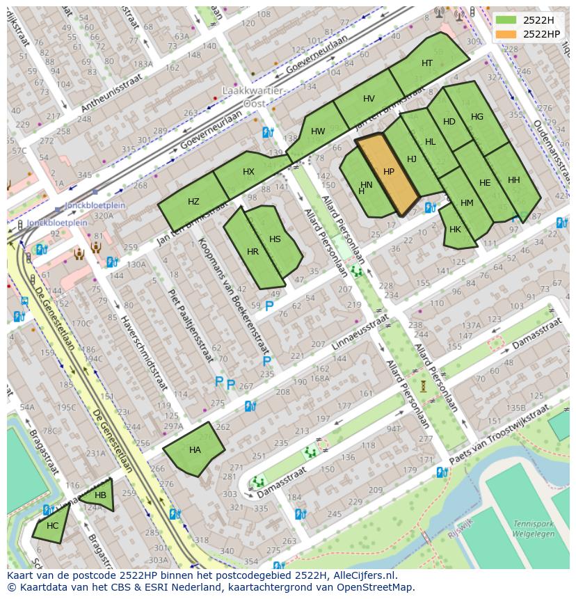 Afbeelding van het postcodegebied 2522 HP op de kaart.