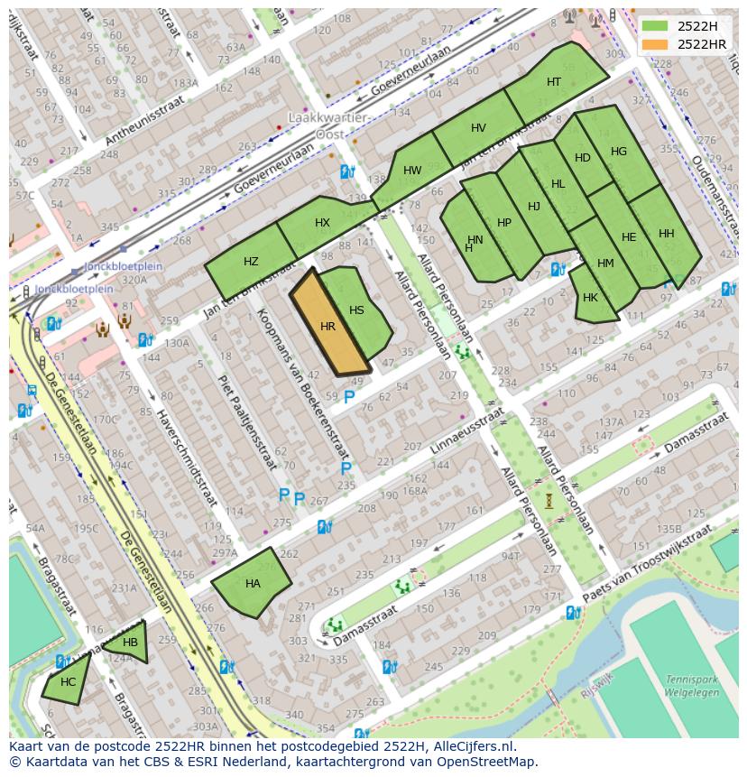 Afbeelding van het postcodegebied 2522 HR op de kaart.