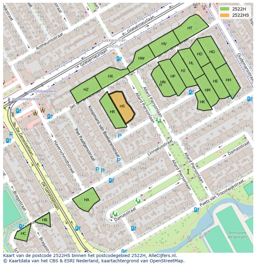 Afbeelding van het postcodegebied 2522 HS op de kaart.