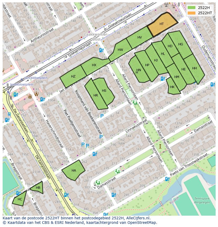 Afbeelding van het postcodegebied 2522 HT op de kaart.