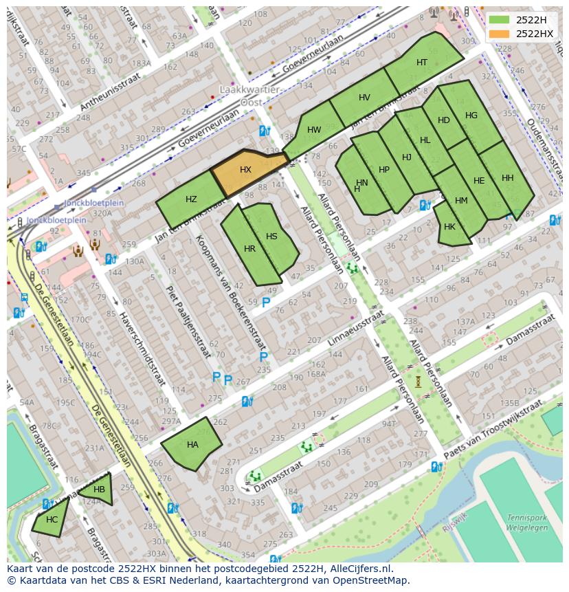 Afbeelding van het postcodegebied 2522 HX op de kaart.