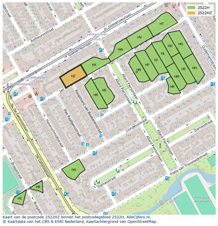Afbeelding van het postcodegebied 2522 HZ op de kaart.