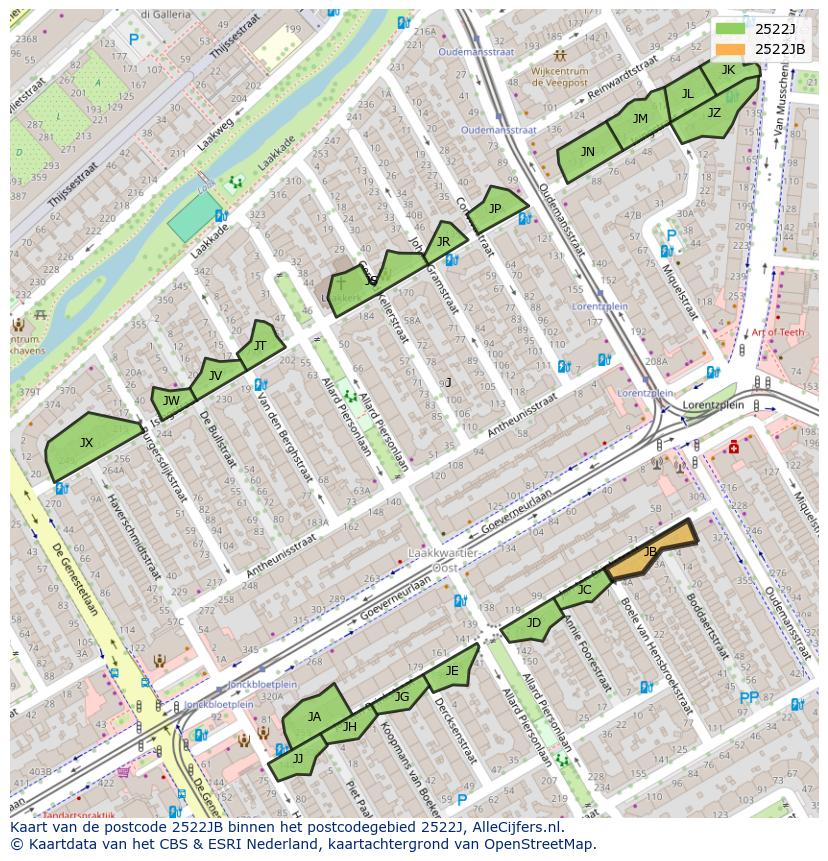 Afbeelding van het postcodegebied 2522 JB op de kaart.