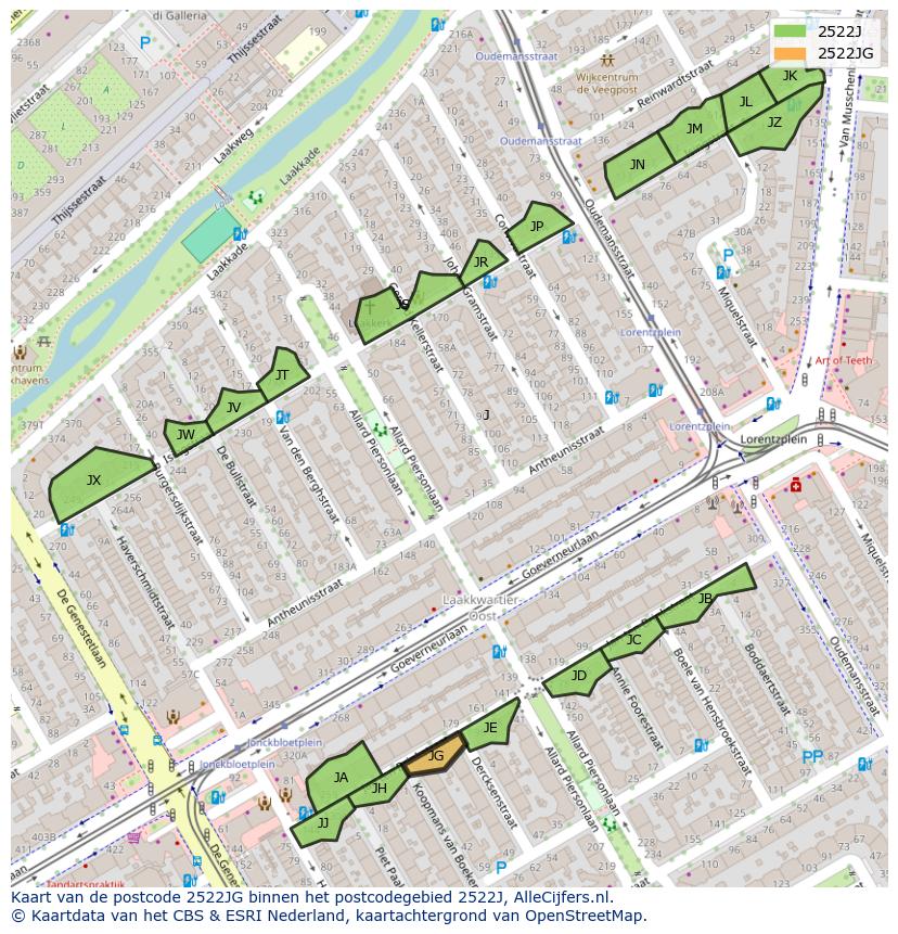 Afbeelding van het postcodegebied 2522 JG op de kaart.