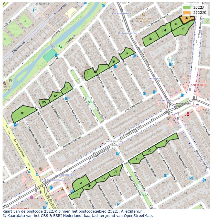 Afbeelding van het postcodegebied 2522 JK op de kaart.