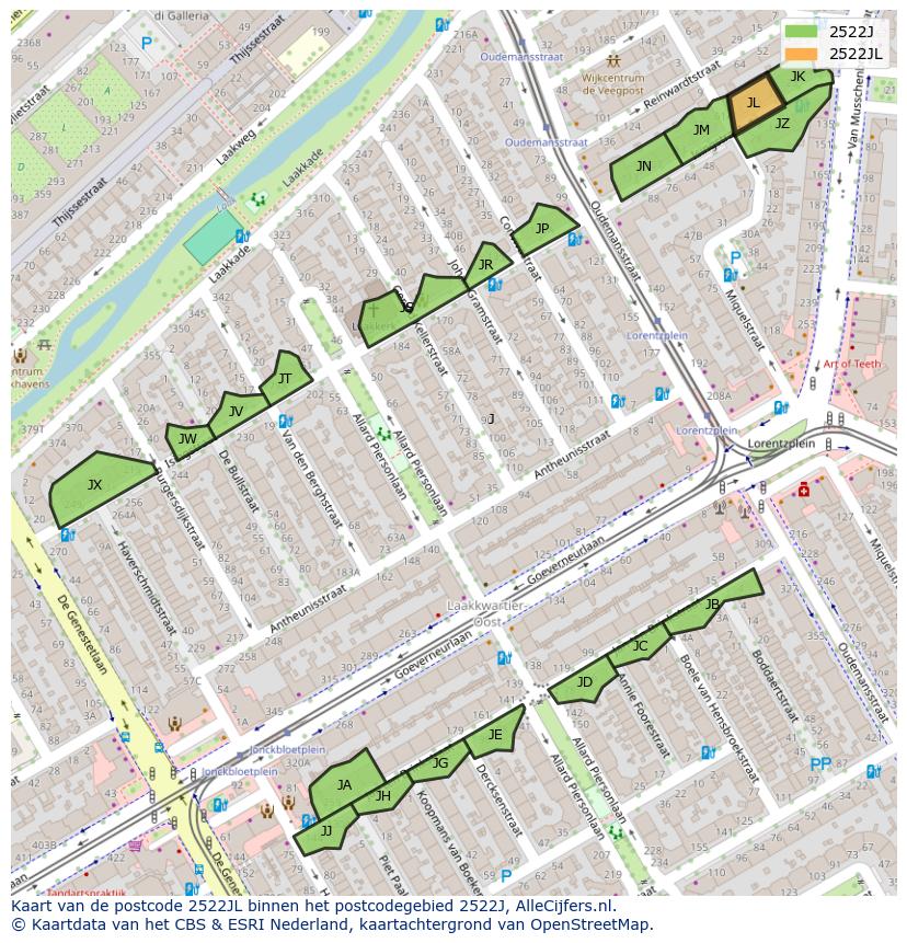 Afbeelding van het postcodegebied 2522 JL op de kaart.