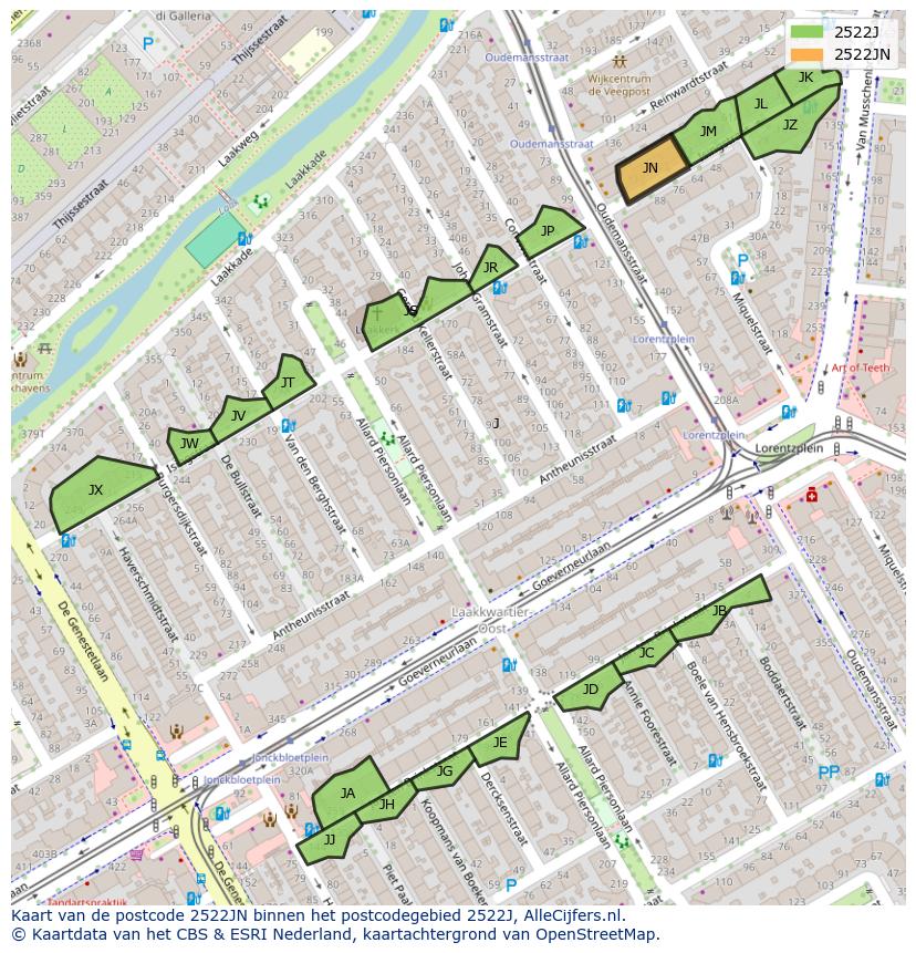 Afbeelding van het postcodegebied 2522 JN op de kaart.