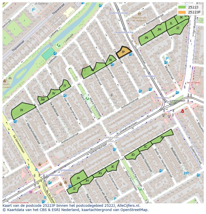 Afbeelding van het postcodegebied 2522 JP op de kaart.