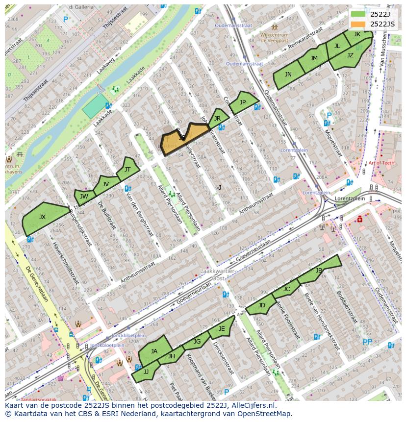 Afbeelding van het postcodegebied 2522 JS op de kaart.