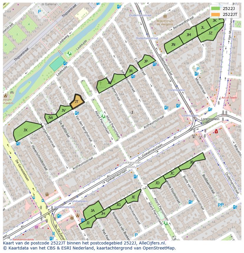Afbeelding van het postcodegebied 2522 JT op de kaart.