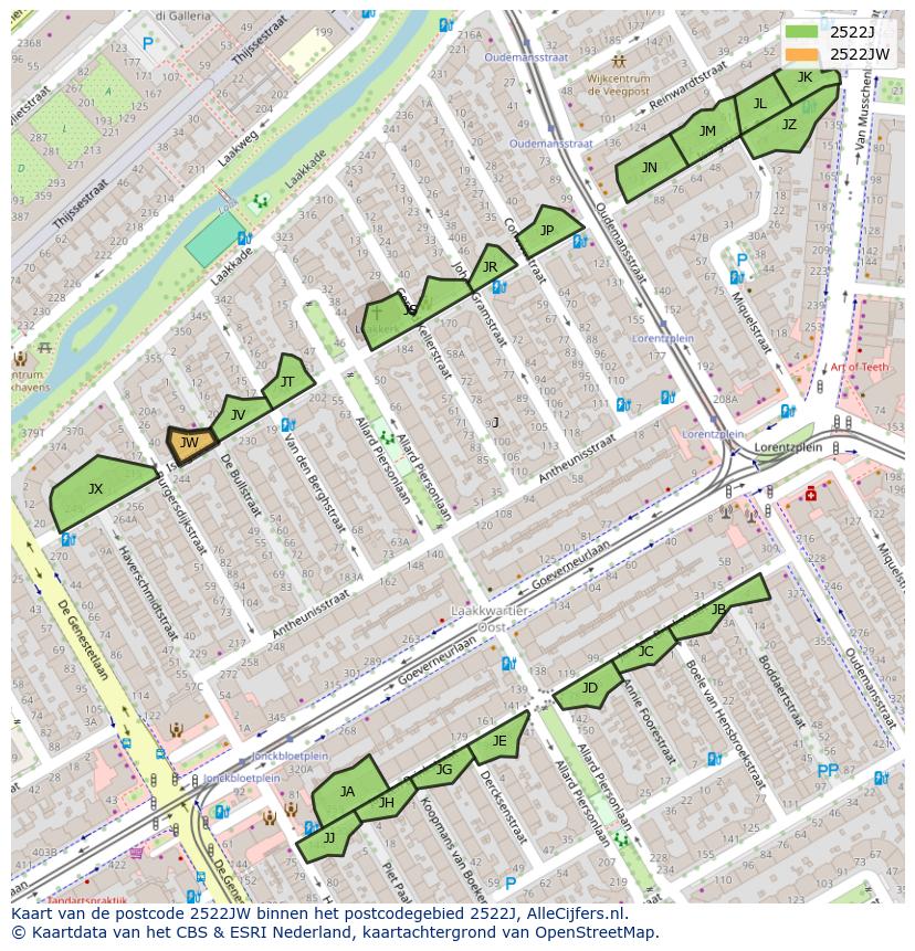 Afbeelding van het postcodegebied 2522 JW op de kaart.