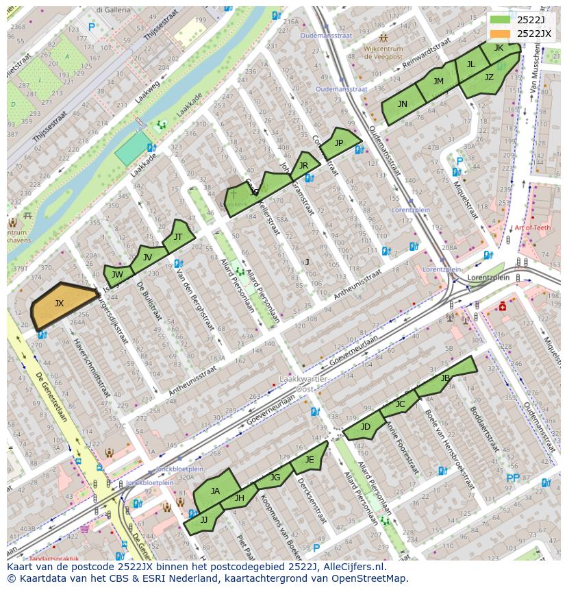 Afbeelding van het postcodegebied 2522 JX op de kaart.