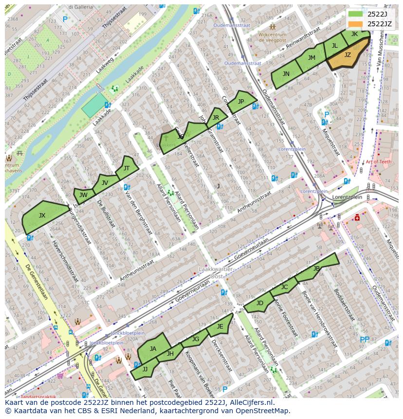 Afbeelding van het postcodegebied 2522 JZ op de kaart.
