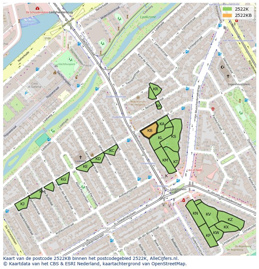 Afbeelding van het postcodegebied 2522 KB op de kaart.