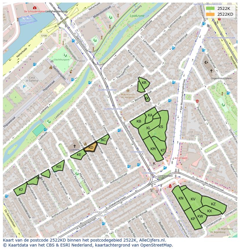 Afbeelding van het postcodegebied 2522 KD op de kaart.