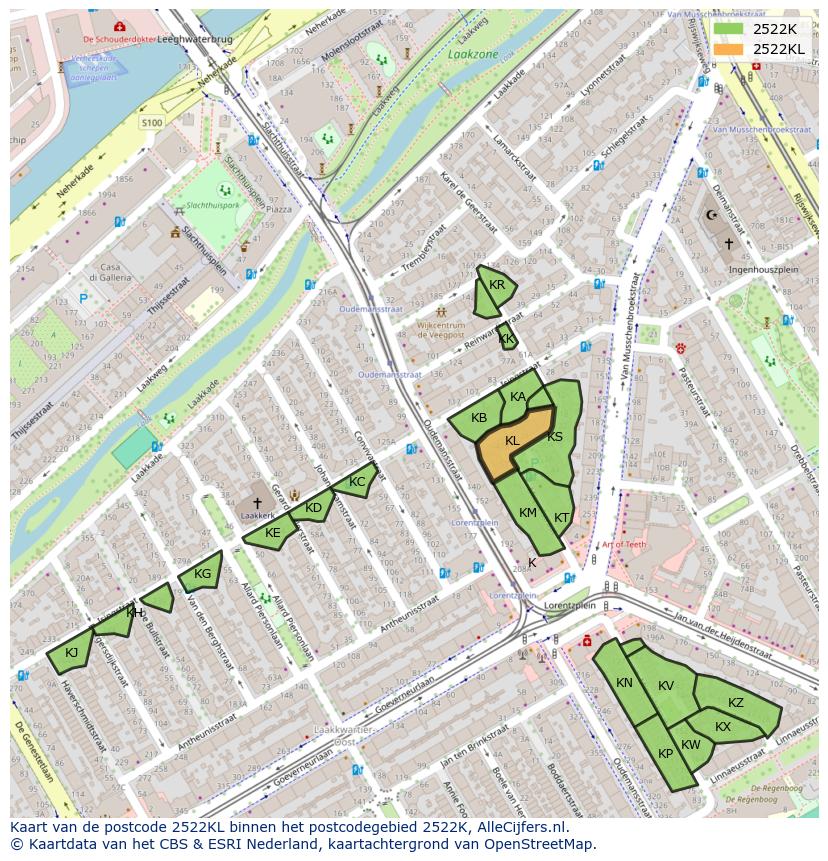 Afbeelding van het postcodegebied 2522 KL op de kaart.