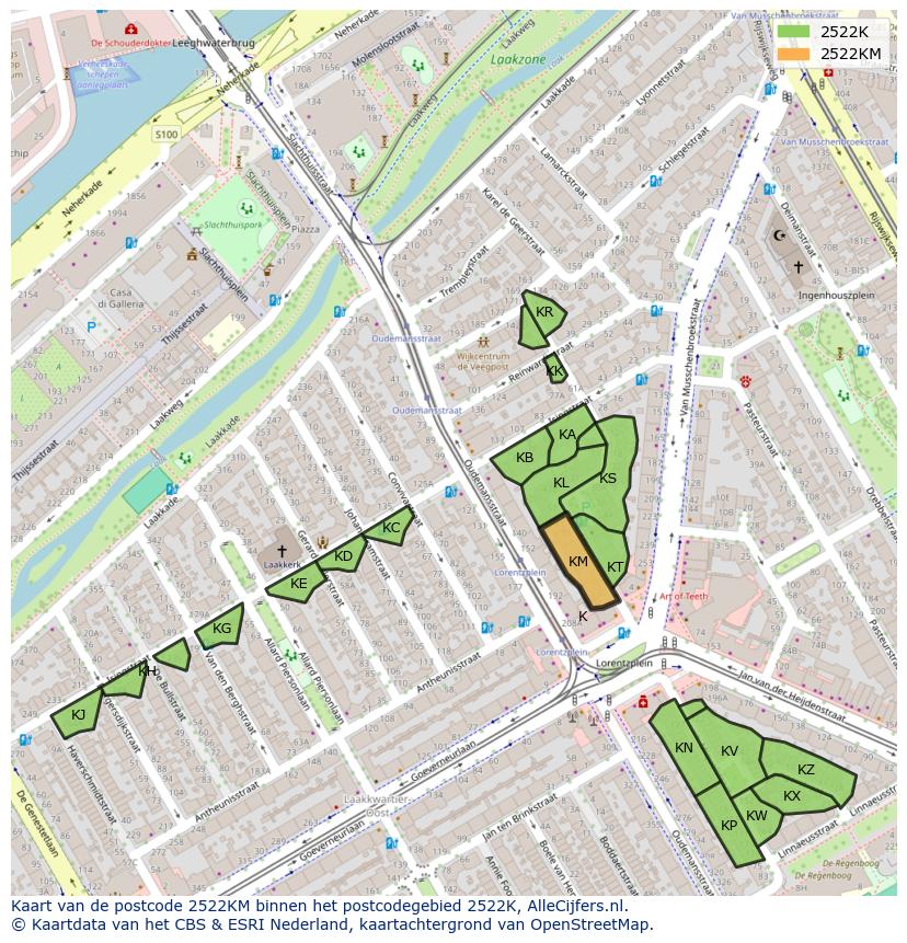 Afbeelding van het postcodegebied 2522 KM op de kaart.