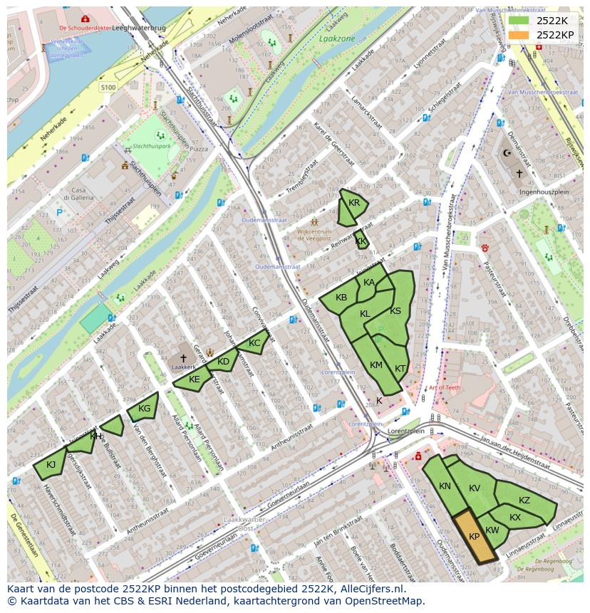 Afbeelding van het postcodegebied 2522 KP op de kaart.