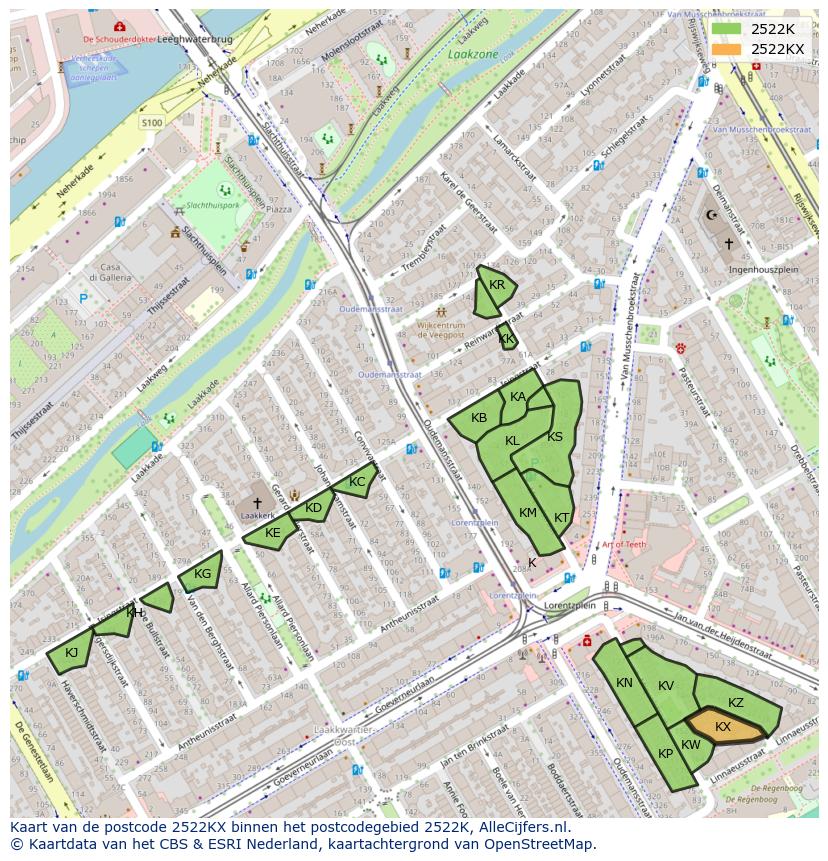 Afbeelding van het postcodegebied 2522 KX op de kaart.