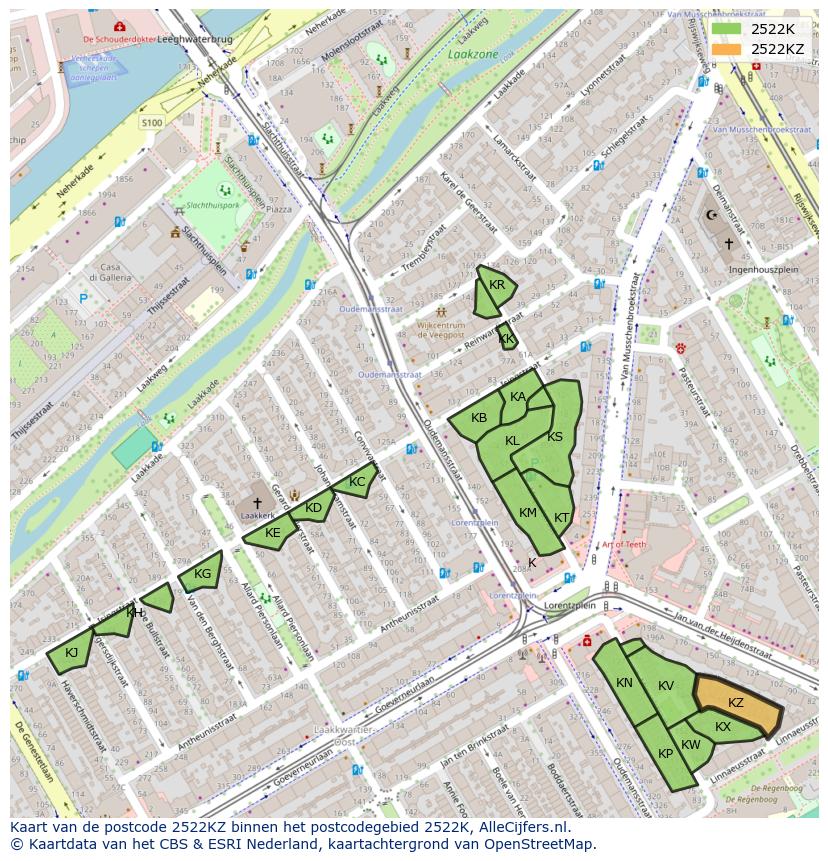 Afbeelding van het postcodegebied 2522 KZ op de kaart.