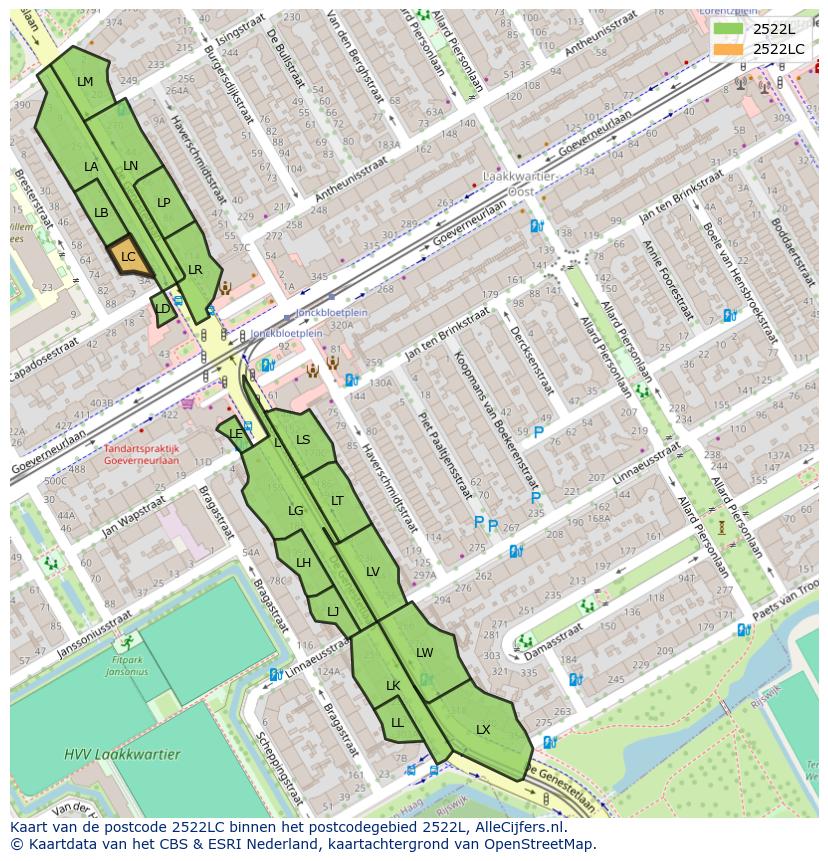 Afbeelding van het postcodegebied 2522 LC op de kaart.