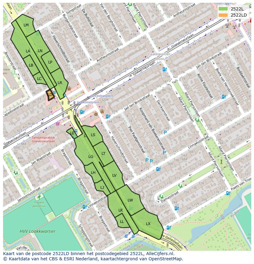 Afbeelding van het postcodegebied 2522 LD op de kaart.