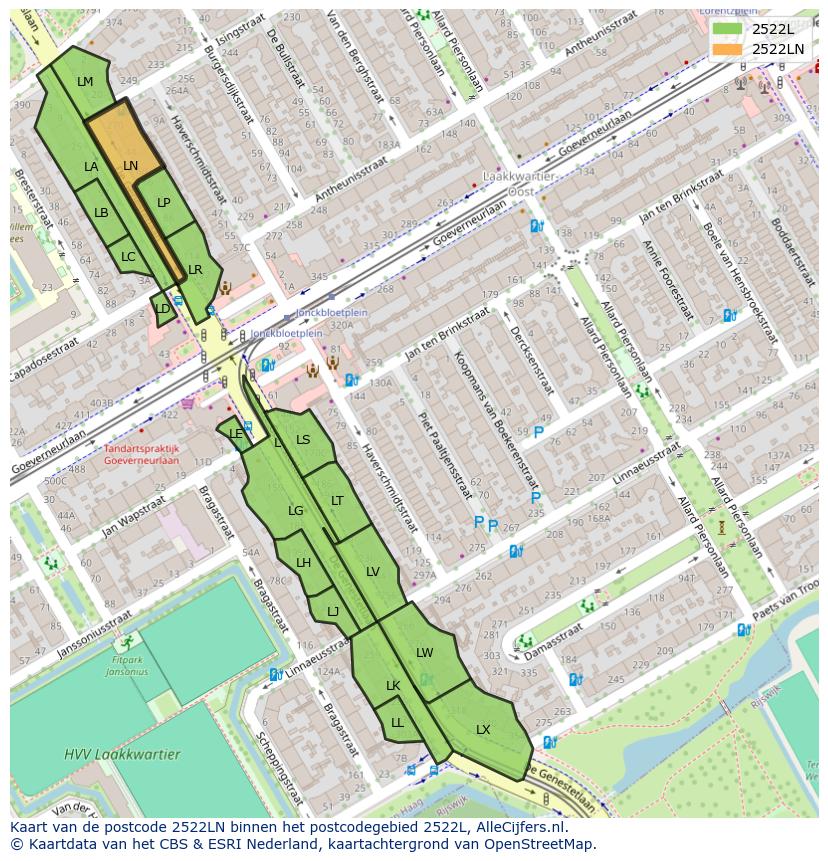 Afbeelding van het postcodegebied 2522 LN op de kaart.