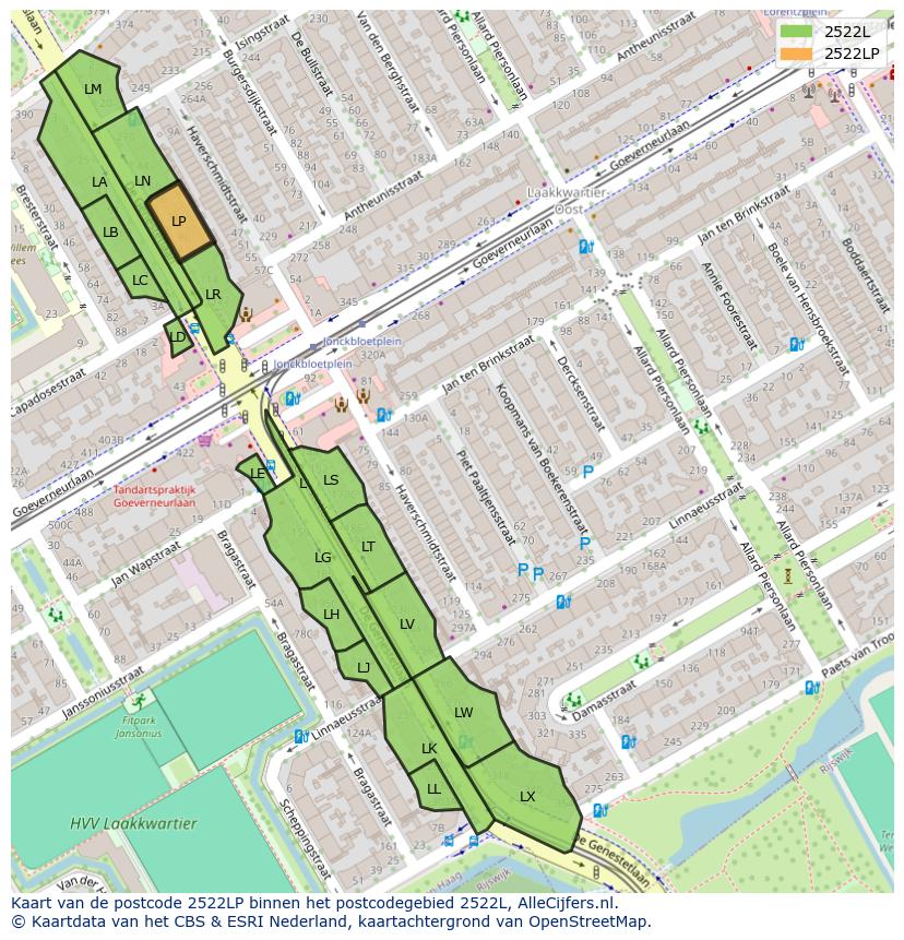 Afbeelding van het postcodegebied 2522 LP op de kaart.