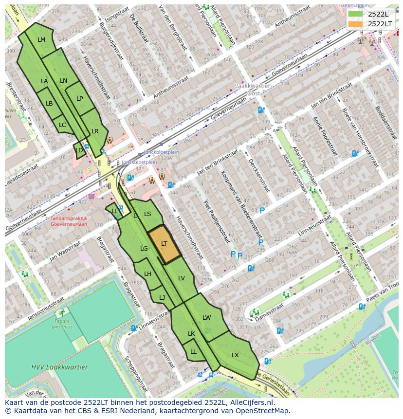 Afbeelding van het postcodegebied 2522 LT op de kaart.