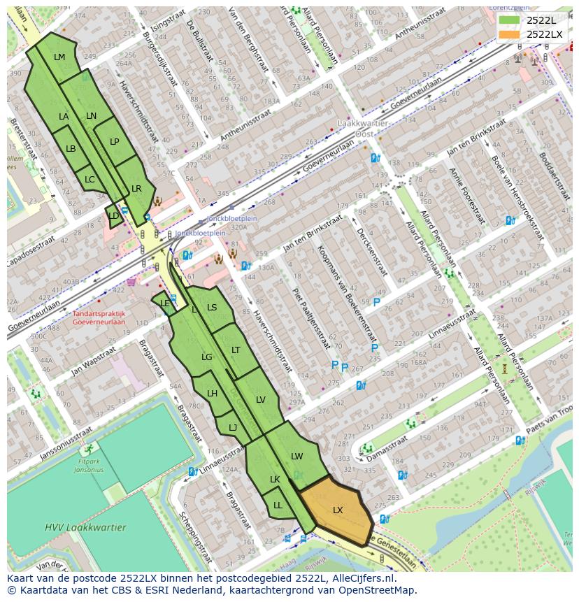 Afbeelding van het postcodegebied 2522 LX op de kaart.