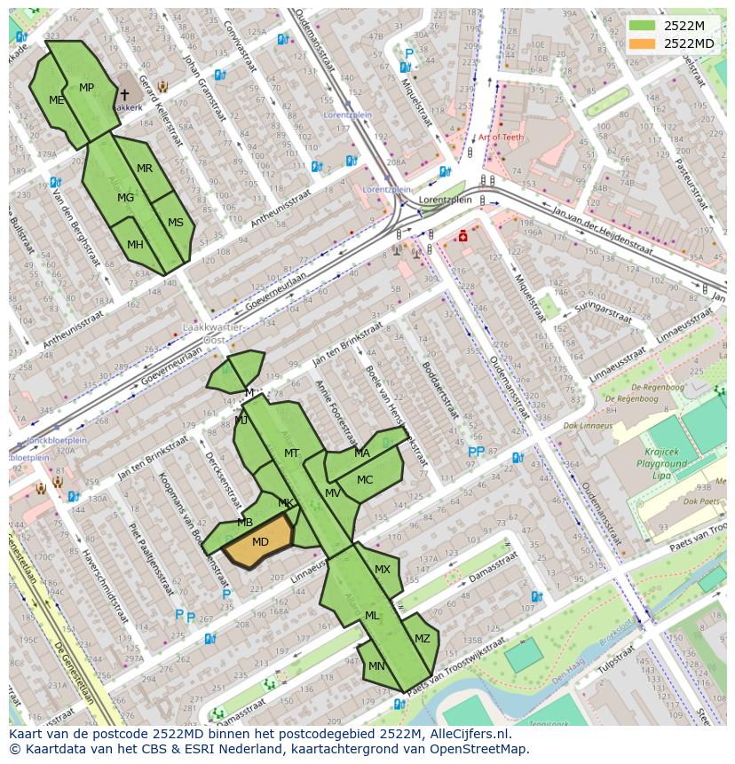 Afbeelding van het postcodegebied 2522 MD op de kaart.