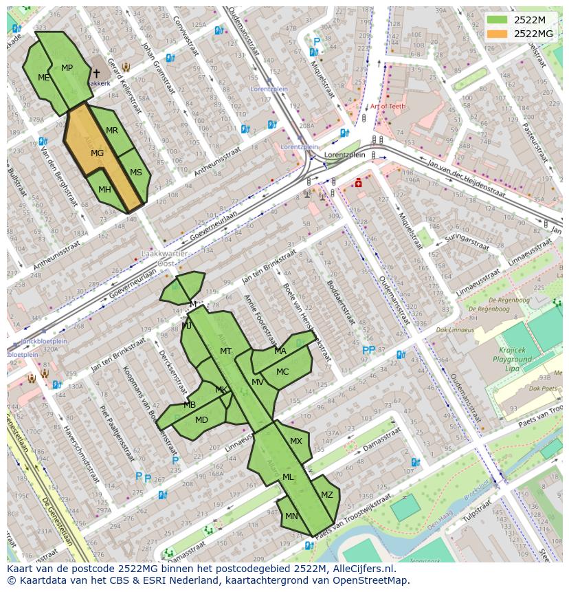 Afbeelding van het postcodegebied 2522 MG op de kaart.
