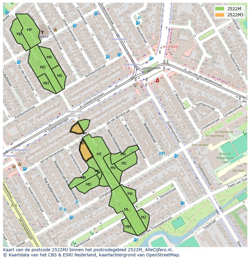Afbeelding van het postcodegebied 2522 MJ op de kaart.