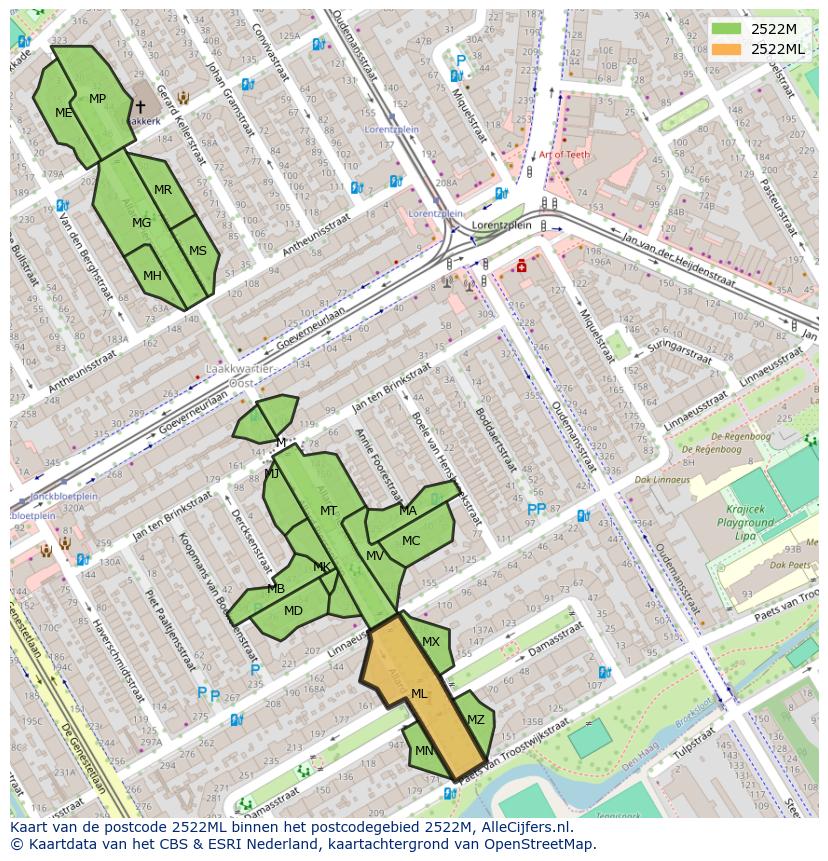 Afbeelding van het postcodegebied 2522 ML op de kaart.