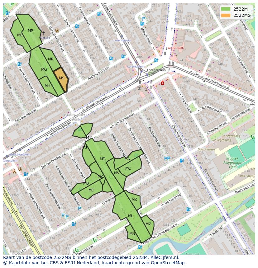 Afbeelding van het postcodegebied 2522 MS op de kaart.