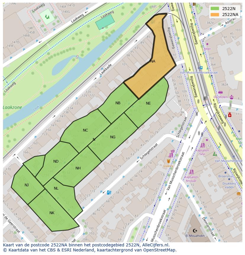 Afbeelding van het postcodegebied 2522 NA op de kaart.