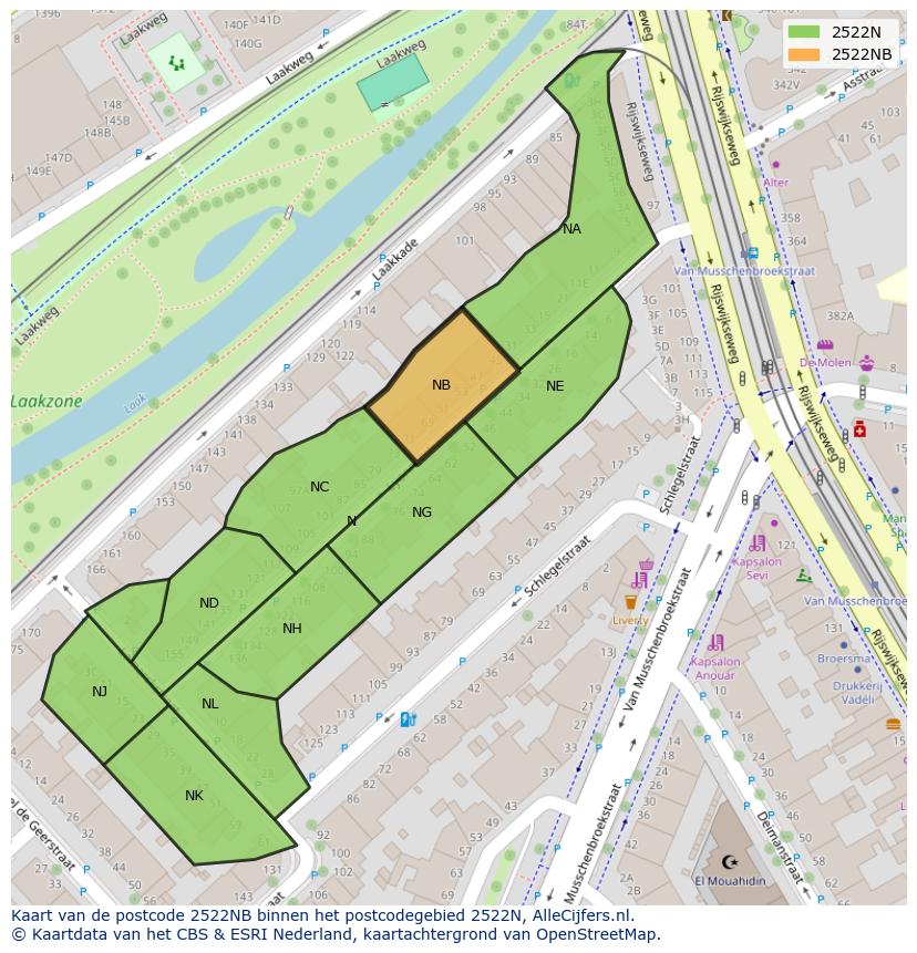 Afbeelding van het postcodegebied 2522 NB op de kaart.