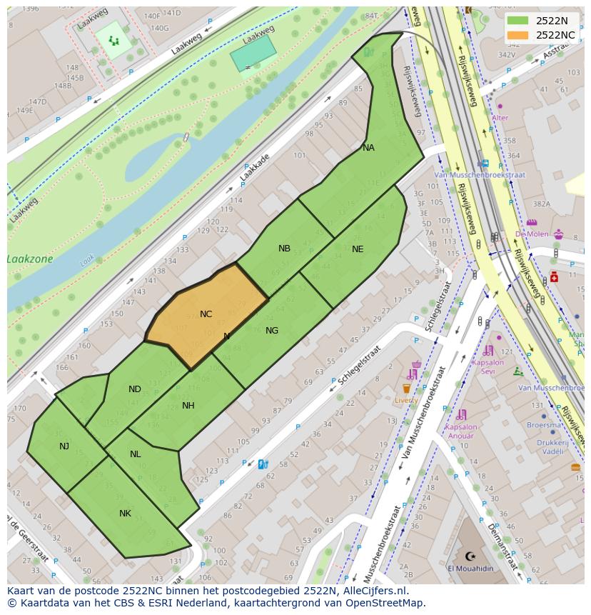 Afbeelding van het postcodegebied 2522 NC op de kaart.