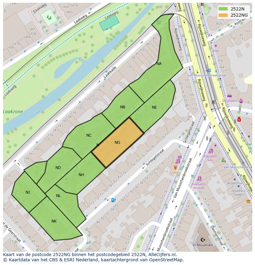 Afbeelding van het postcodegebied 2522 NG op de kaart.