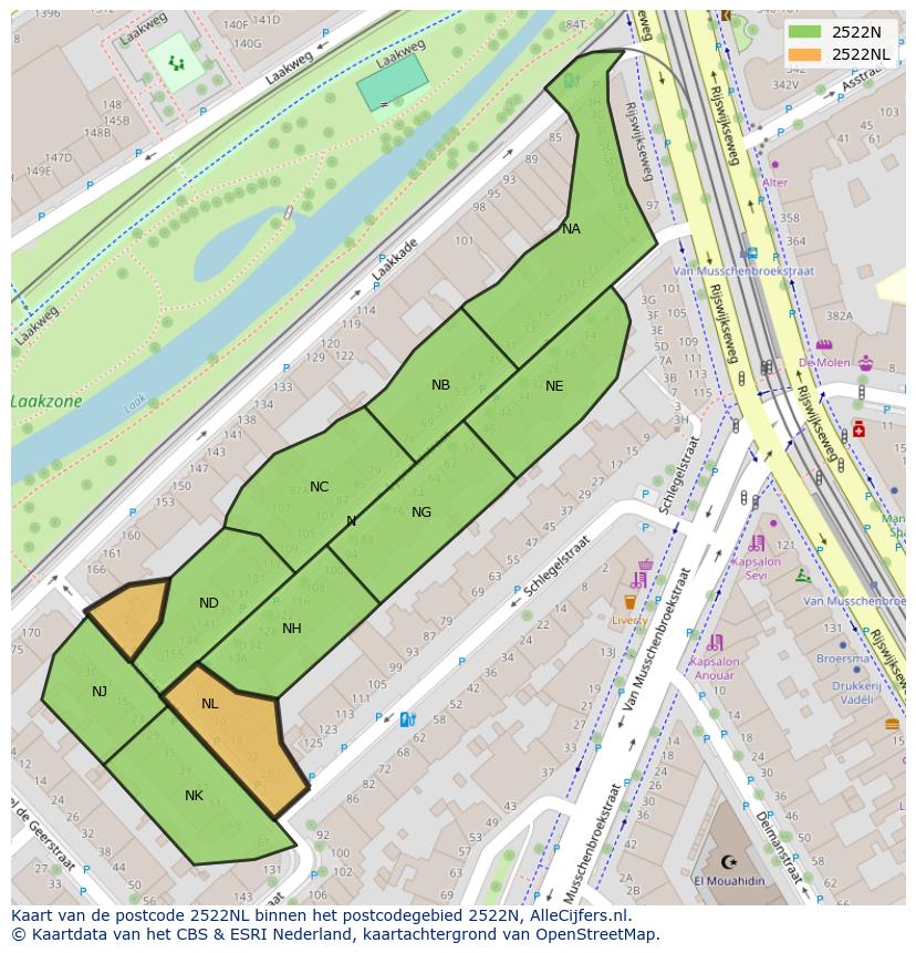 Afbeelding van het postcodegebied 2522 NL op de kaart.