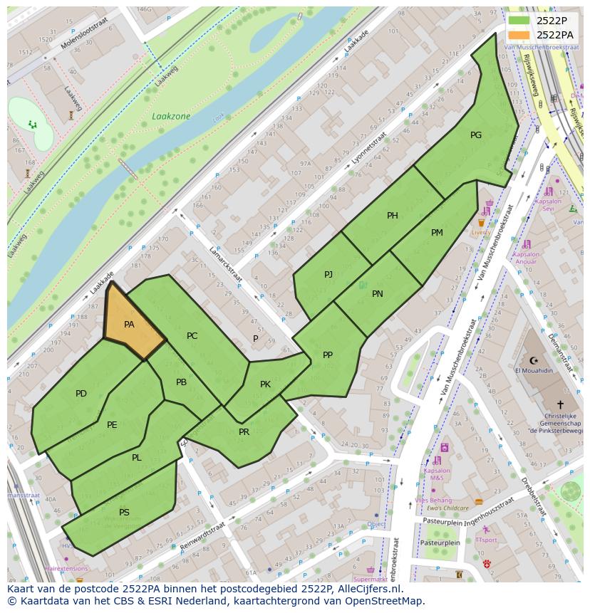 Afbeelding van het postcodegebied 2522 PA op de kaart.