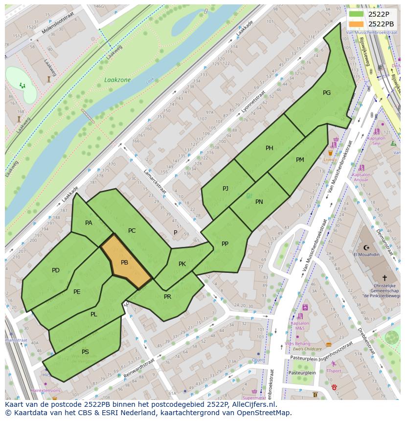 Afbeelding van het postcodegebied 2522 PB op de kaart.
