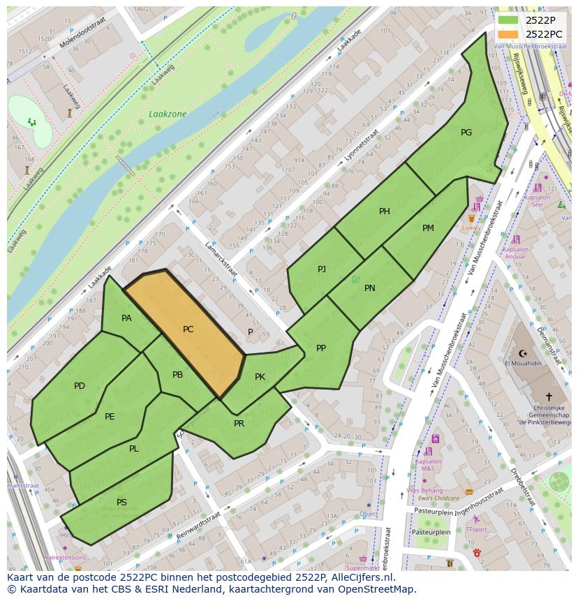 Afbeelding van het postcodegebied 2522 PC op de kaart.