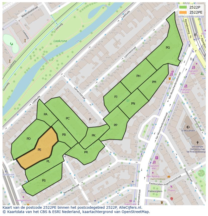 Afbeelding van het postcodegebied 2522 PE op de kaart.