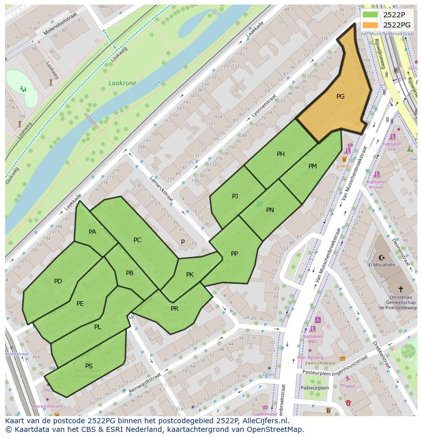 Afbeelding van het postcodegebied 2522 PG op de kaart.