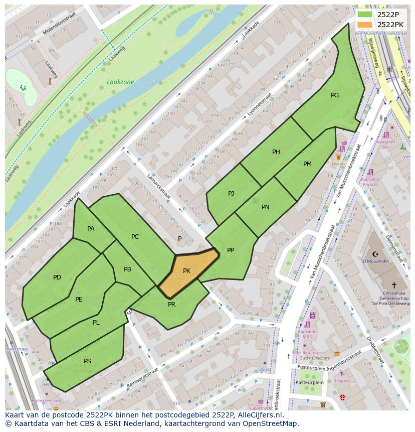 Afbeelding van het postcodegebied 2522 PK op de kaart.