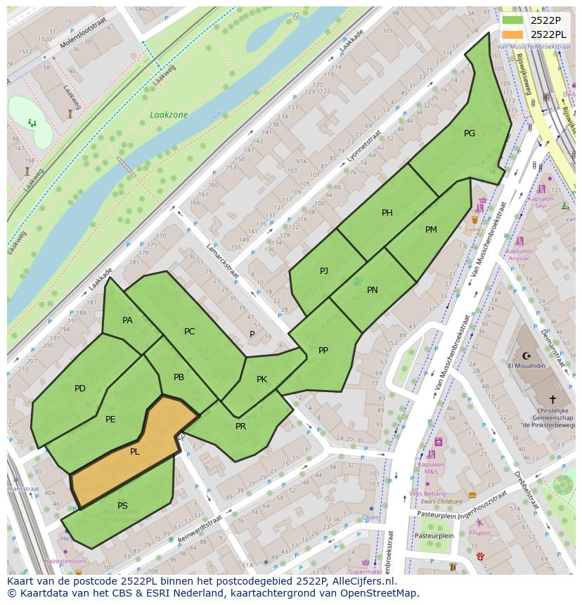 Afbeelding van het postcodegebied 2522 PL op de kaart.