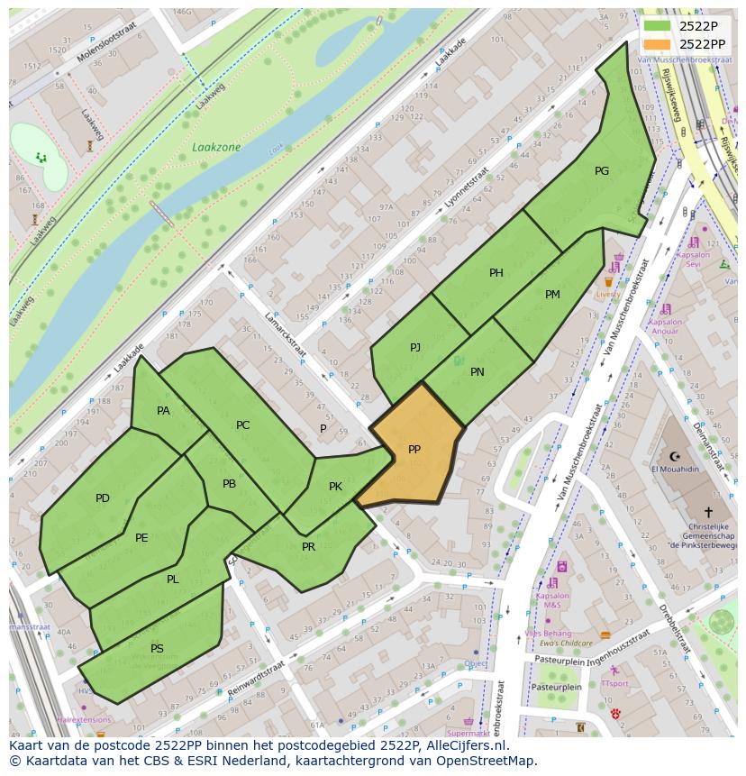 Afbeelding van het postcodegebied 2522 PP op de kaart.