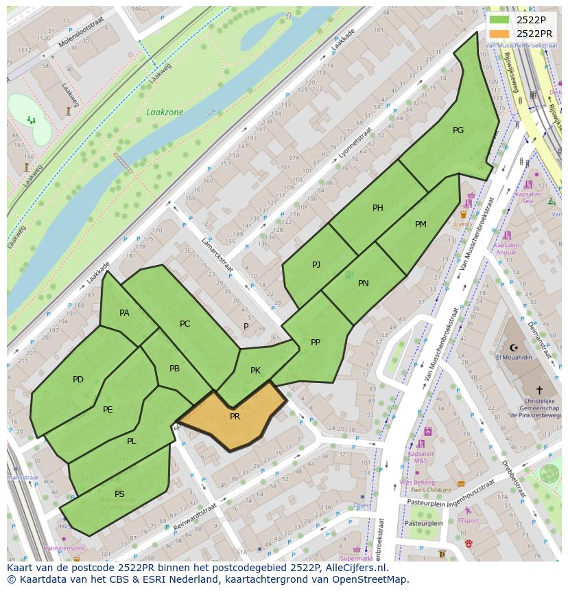 Afbeelding van het postcodegebied 2522 PR op de kaart.
